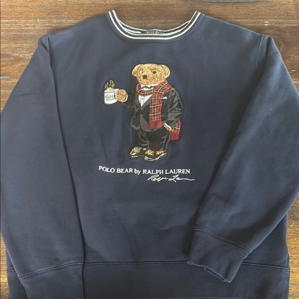 Polo by Ralph Lauren Blue Sweatshirt with Bear and Striped Collar size XL youth